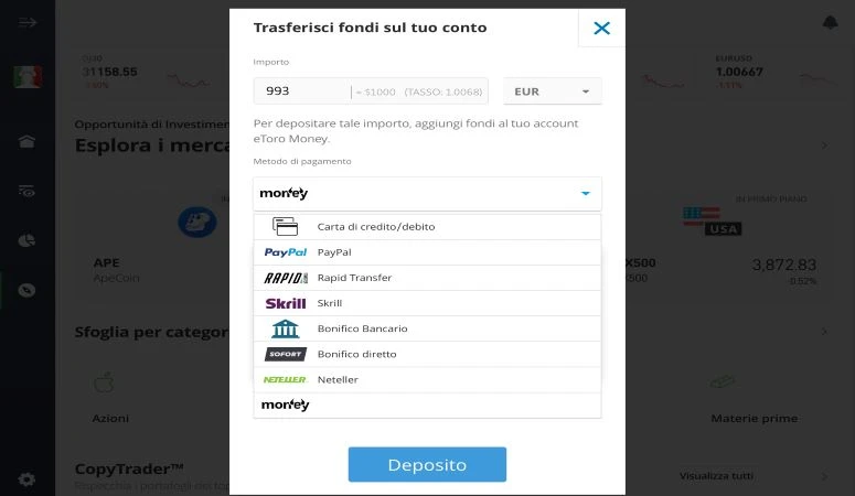 Come depositare su eToro 
