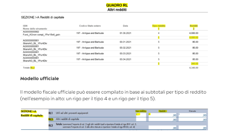Dichiarazione dei redditi con eToro, quadro RL