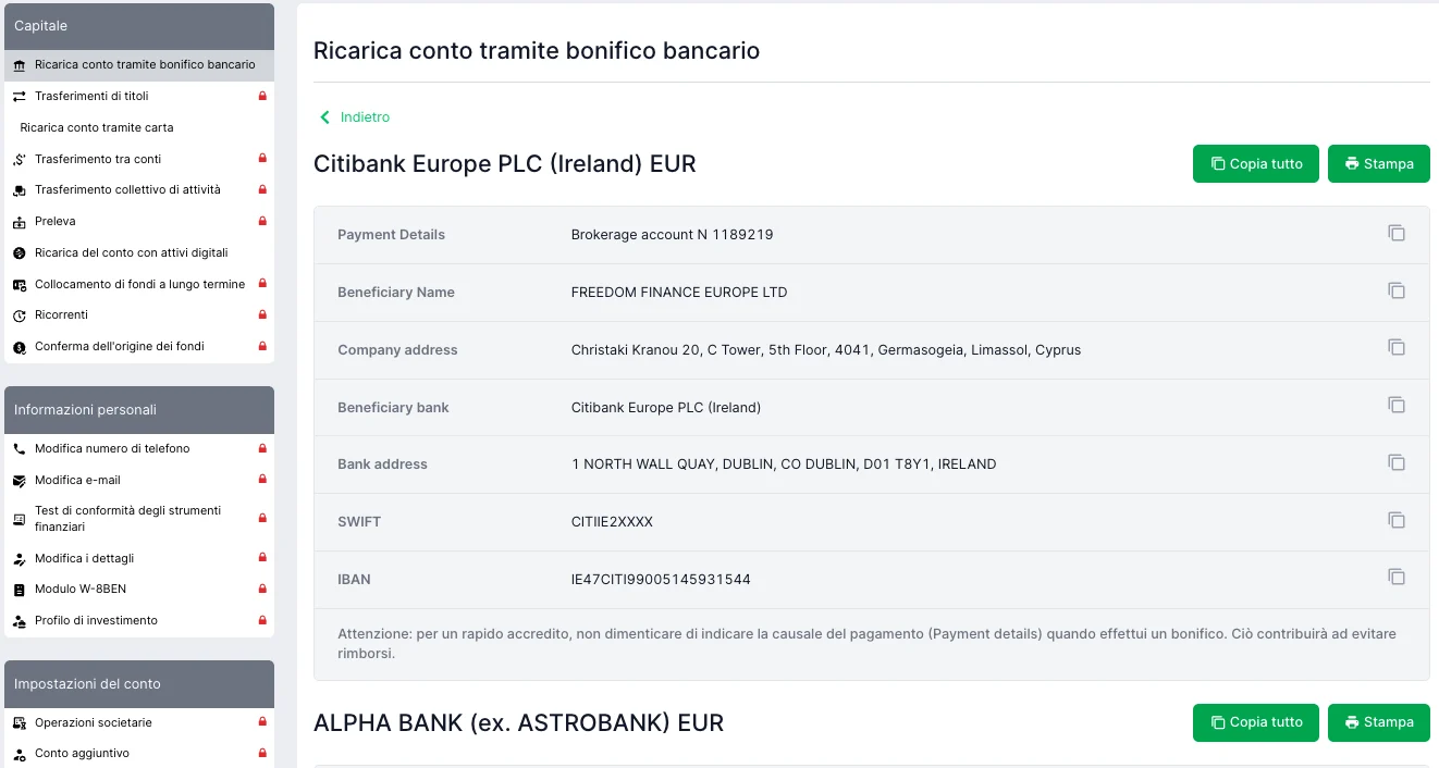 freedom24 ricarica conto tramite bonifico