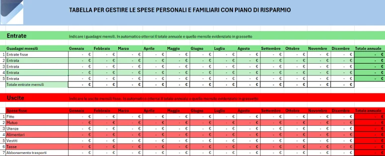 tabella per mettere i soldi da parte