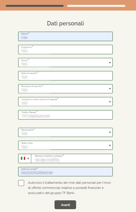 richiesta carta tf bank dati