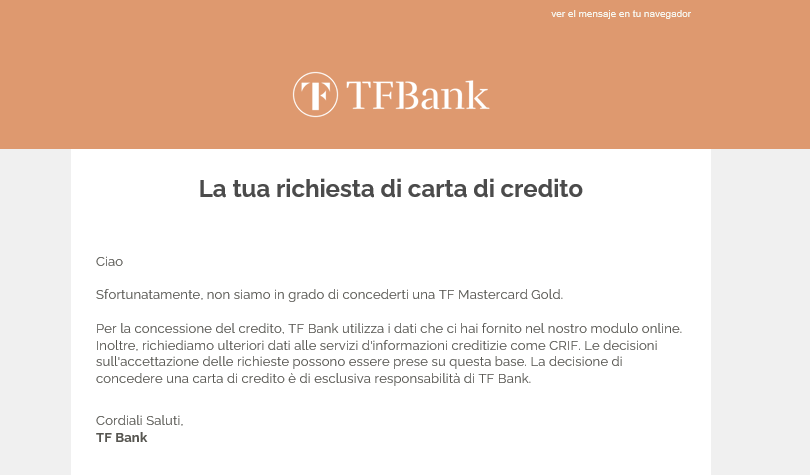 richiesta carta tf bank rifiutata