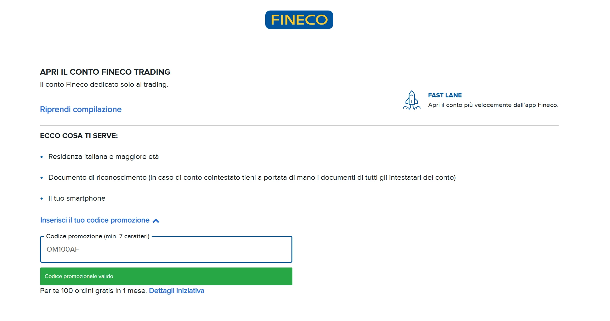 conto trading fineco codice promo