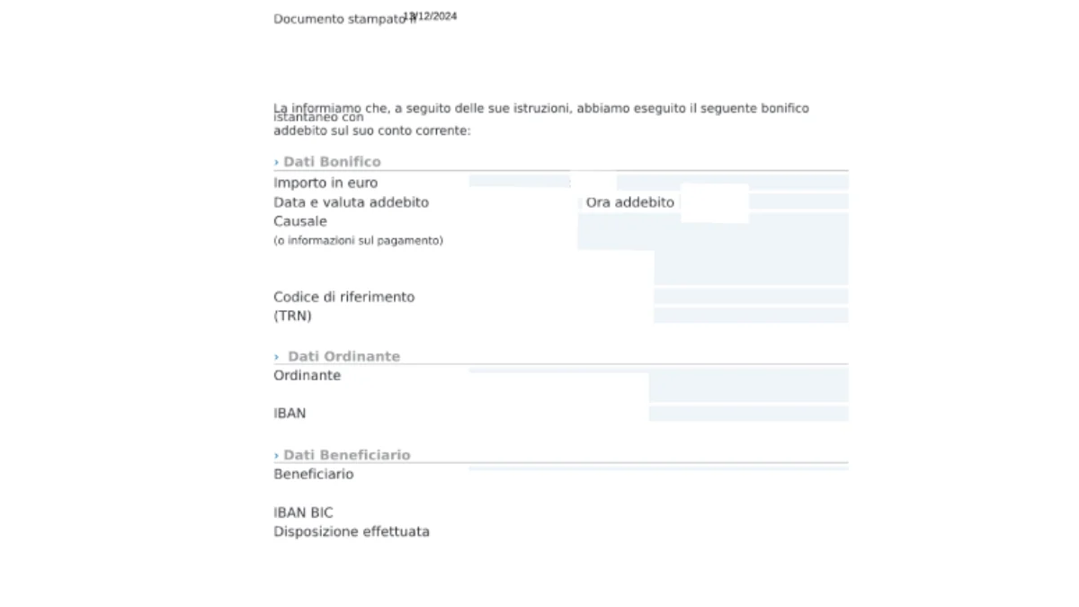 Esempio ricevuta bonifico