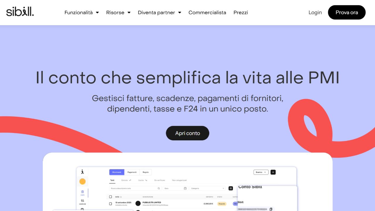 Homepage Sibill conto business